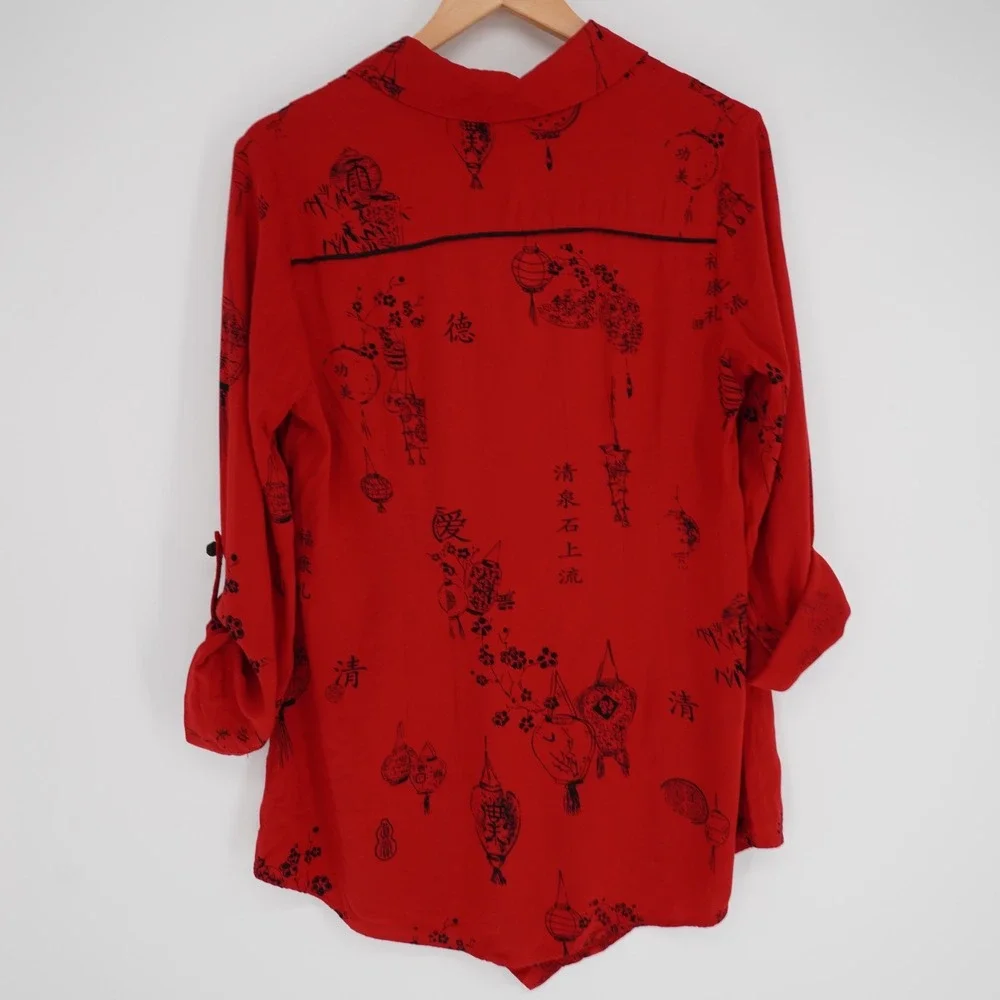 Soft Surroundings Asymmetrical Tunic Top M Red Chinese Lantern Print Roll Tab - Picture 3 of 12
